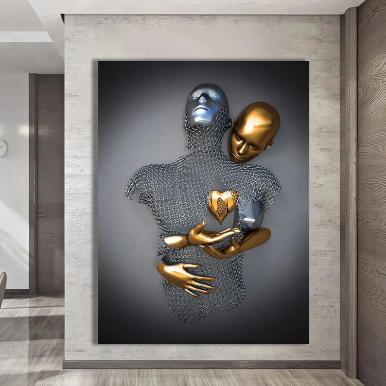 Reunion of Lovers Painting, Hugging Couple Wall Design, Heart Gold Art Print, 3D Effect Art, Canvas Love Heart Wall Art - Image 2